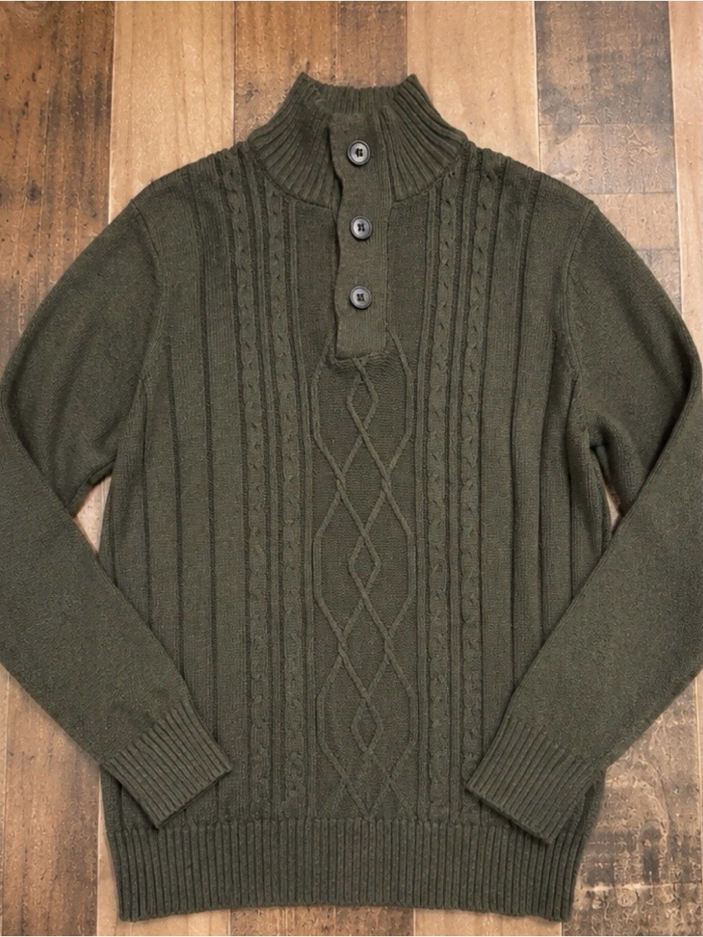 Tricots St. Raphael Men’s Large Olive Green Cable Knit Mock Neck Sweater EUC